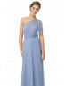 A-line One Shoulder Sky Blue Tulle Pleated Bridesmaid Dress With Sash